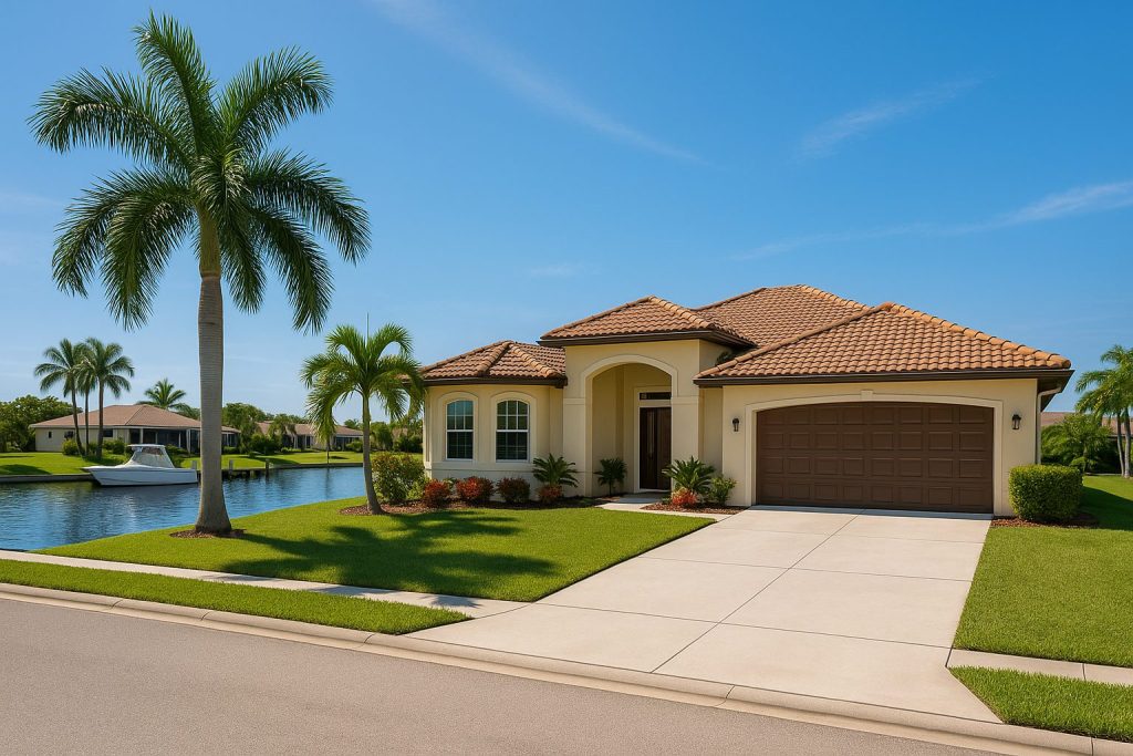 A modern single-story house with a terracotta tiled roof, beige exterior walls, and a brown garage door, situated on a well-maintained lawn with palm trees. There is a driveway leading to the garage and a sidewalk in front. In the background, a waterway with a boat docked along the edge, and other houses are visible under a clear blue sky.