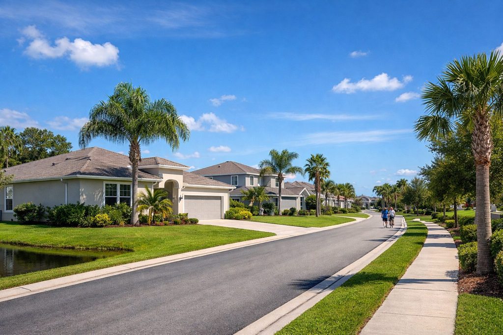 Suburban neighborhood in North Port, Florida with palm trees, sidewalks, and modern homes under a sunny blue sky
